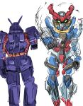  1girl absurdres blue_eyes deux_murasame gquuuuuux green_eyes gundam gundam_gquuuuuux hair_bun hebi_(rarata6o) highres holding hunter_x_hunter long_hair looking_at_viewer mask mecha mecha_focus mobile_suit mouth_mask psyco_gundam red_hair robot scene_reference science_fiction short_hair simple_background v-fin white_background white_hair zeta_gundam 