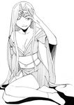  blindfold fate/stay_night fate_(series) greyscale imamura japanese_clothes kimono long_hair monochrome off_shoulder rider simple_background solo tabi very_long_hair 