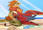 absurd_res anthro beach bikini bottomwear breasts claws clothed clothing dinosaur dragon dromaeosaurid duo european_mythology eztli_(user_55) feathers feet female female/female green_body hair hi_res horn melody_(user_55) membrane_(anatomy) membranous_wings morgdl mythological_creature mythological_scalie mythology nipples non-mammal_breasts nude one-piece_swimsuit outside prehistoric_species red_body reptile sand scales scalie seaside smile stripes swimwear tail teeth theropod toes topwear two-piece_swimsuit velociraptor water western_dragon wings wyvern yellow_eyes