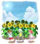  2boys bad_id bad_pixiv_id bird brown_hair child closed_eyes destiny-island flower kairi_(kingdom_hearts) kingdom_hearts multiple_boys red_hair riku sandals silver_hair sora_(kingdom_hearts) sunflower wristband younger 