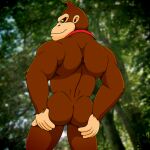 2017 5_fingers anthro ape biped brown_body brown_fur butt digital_media_(artwork) donkey_kong_(character) donkey_kong_(series) fabfelipe fingers fur fur_tuft gorilla haplorhine head_tuft hi_res looking_at_viewer looking_back looking_back_at_viewer male mammal mostly_nude mouth_closed muscular muscular_anthro muscular_male necktie necktie_only nintendo primate rear_view red_necktie solo tuft