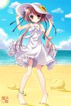  animal_ears ankle_bell anklet bad_id bad_pixiv_id bare_legs barefoot beach bell brown_eyes brown_hair cat_ears cat_tail cloud day dress flower full_body hair_ribbon hand_on_headwear hat jewelry long_hair nanaroba_hana original outdoors pigeon-toed ribbon sky smile solo summer sun sun_hat sundress sunflower tail twintails water 