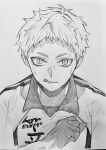  1boy 3_surugi :d arm_up clenched_hand collared_shirt commentary_request grey_background greyscale haikyuu!! highres looking_at_viewer male_focus monochrome shirt simple_background slit_pupils smile solo sportswear sweat tongue tongue_out upper_body very_sweaty volleyball_uniform wing_collar yaku_morisuke 