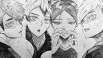  3_surugi 4boys adam&#039;s_apple arms_up brothers commentary_request fingernails greyscale haikyuu!! hair_between_eyes highres kita_shinsuke looking_at_viewer looking_to_the_side lower_eyelashes_only male_focus miya_atsumu miya_osamu monochrome multiple_boys open_mouth parted_bangs shirt siblings sideways_glance slit_pupils sportswear suna_rintarou sweat teeth thick_eyebrows twins upper_body upper_teeth_only v-neck very_sweaty volleyball_uniform 