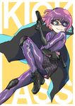  blue_eyes bodysuit boots cape gloves gun hit-girl kick-ass latex mask mig_(migweb) purple_bodysuit purple_hair shiny shiny_clothes skirt solo weapon 