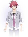  &gt;:) 1boy 9-nine- arm_at_side black_pants blue_eyes closed_mouth collarbone collared_shirt cowboy_shot grey_jacket hair_between_eyes highres jacket long_sleeves looking_at_viewer male_focus necktie official_art open_clothes open_hand open_jacket pants promotional_art red_hair red_necktie school_uniform shirt short_hair simple_background sleeves_rolled_up smile solo spiked_hair takamine_renya transparent_background v-shaped_eyebrows white_shirt 