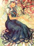  bad_id bad_pixiv_id blue_dress blue_eyes dress hat kamishirasawa_keine long_hair mgn0isi open_mouth outstretched_hand silver_hair sitting smile solo touching touhou 