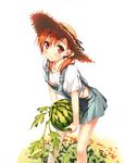  absurdres bent_over blush brown_hair flat_chest food fruit hat highres holding holding_food holding_fruit kantoku leaf looking_at_viewer original overalls red_eyes shirt short_hair short_twintails smile solo source_request straw_hat sun_hat twintails watermelon 