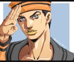  1boy anime_coloring araki_hirohiko_(style) black_hair black_sailor_collar border collarbone commentary dixie_cup_hat english_commentary grandguerrilla grey_eyes hat higashikata_josuke_(jojolion) highres jojo_no_kimyou_na_bouken jojolion long_sleeves makeup male_focus military_hat official_style orange_hat orange_shirt parted_lips portrait recolored sailor sailor_collar salute shirt short_hair signature solo teeth yellow_lips yuri_sillies 