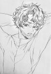  1boy 3_surugi arms_up clenched_teeth commentary_request curtained_hair grey_background haikyuu!! highres jacket long_sleeves looking_to_the_side male_focus sakusa_kiyoomi sideways_glance simple_background solo teeth track_jacket wavy_hair zipper zipper_pull_tab 