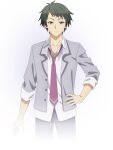  1boy 9-nine- arm_at_side black_hair black_pants closed_mouth collarbone collared_shirt cowboy_shot frown grey_eyes grey_jacket hand_on_own_hip highres jacket long_sleeves looking_at_viewer male_focus necktie niimi_kakeru official_art open_clothes open_jacket pants promotional_art red_necktie school_uniform sharp_teeth shirt short_hair simple_background sleeves_rolled_up solo split_mouth teeth transparent_background white_shirt 
