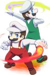  2boys alternate_color alternate_coloration blue_eyes brothers facial_hair fire fire_luigi fire_mario fireball hat luigi mario mario_(series) multiple_boys mustache nintendo overalls saiha siblings super_mario_bros. 