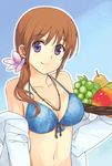  alternate_hairstyle bare_shoulders bikini_top blue_eyes breasts brown_hair cleavage food front-tie_top fruit jacket jacket_over_swimsuit jewelry large_breasts long_hair lyrical_nanoha mahou_shoujo_lyrical_nanoha_strikers navel necklace open_clothes purple_eyes shirogane_(fox) smile solo swimsuit takamachi_nanoha tray 