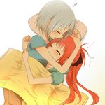  bad_id bad_pixiv_id blanket blush bow closed_eyes hair_bow heart hug mahou_shoujo_madoka_magica miki_sayaka multiple_girls orange_(bibiko) pillow ponytail red_hair sakura_kyouko shirt short_hair silver_hair sleeping yuri zzz 