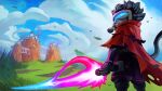 anthro black_body black_fur building cape clairen_(rivals_of_aether) clothing cloud day detailed_background felid feline female fur garrett_hanna grass hi_res holding_melee_weapon holding_object holding_sword holding_weapon mammal mask melee_weapon official_art plant rivals_of_aether solo sword visor weapon
