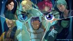  3girls 5boys aeug ammotu aqua_hair artist_name blonde_hair blue_eyes blue_hair broken_glass brown_hair commentary debris deviantart_username emma_sheen english_commentary evil_smile four_murasame glass glass_shards green_eyes gundam hairband haman_karn highres jerid_messa kamille_bidan looking_at_viewer mecha_pilot_suit military_uniform mullet multiple_boys multiple_girls neo_zeon paptimus_scirocco photoshop_(medium) purple_hair quattro_bajeena reflection serious shards short_hair signature smile titans_(gundam) vest web_address yazan_gable zeta_gundam 