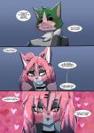absurd_res anthro black_sclera blue_eyes blush collar comic cousins_(lore) daisy_(katson) dark_sclera english_text felid feline female fur green_eyes hair hi_res incest_(lore) lizzard_sama male mammal ponytail shadow_(katson) smug_face text white_body white_fur