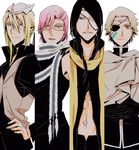  4boys arrancar black_hair bleach blonde_hair brown_hair espada eyepatch glasses male male_focus multiple_boys nnoitra_gilga pink_hair scarf smile szayel_aporro_grantz szayelaporro_granz tesla tesra_lindocruz usa_(blue-systema) yellow_eyes yylfordt_granz 