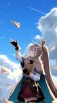  1girl ahoge akkanen arm_up belt blue_sky book brown_capelet brown_cloak brown_corset brown_eyes brown_hair capelet cloak cloud corset cumulonimbus_cloud dagger feather_hair_ornament feathers gloves hair_ornament hairclip heart heart_sticker highres holding holding_book holocouncil hololive hololive_english holopromise knife lantern light_particles long_hair looking_up multicolored_hair nanashi_mumei nanashi_mumei_(1st_costume) paper_airplane partially_fingerless_gloves pleated_skirt ponytail profile red_skirt shirt skirt sky smile streaked_hair thigh_strap very_long_hair virtual_youtuber weapon white_shirt 
