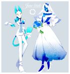  1boy 1girl :d animal_ears blue_hair blue_tongue bouquet bow cable cable_tail colored_sclera colored_skin colored_tongue crossdressing deltarune dress electric_plug electric_plug_tail flower gloves grey_background hair_flower hair_ornament high_heels highres holding holding_bouquet long_hair mechanical_tail pants rayman_limbs rouxls_kaard smile suit taharu_(papiyas) tail tasque_manager very_long_hair wedding_dress white_bow white_dress white_gloves white_hair white_pants white_skin white_suit yellow_eyes yellow_sclera 