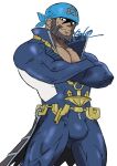  1boy absurdres archie_(pokemon) balo_dqx_ff14 bandana bara beard bodysuit bulge commentary_request dark-skinned_male dark_skin facial_hair highres male_focus muscular muscular_male pectoral_cleavage pectorals pokemon pokemon_oras signature simple_background solo white_background 