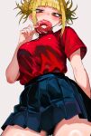  1girl absurdres blonde_hair blue_skirt blunt_bangs boku_no_hero_academia donut double_bun food from_below hair_bun highres holding holding_donut holding_food looking_at_viewer messy_hair pleated_skirt red_shirt shirt shirt_tucked_in sidelocks skirt solo toga_himiko yellow_eyes zd_(pixiv6210083) 