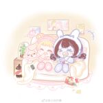  &gt;_&lt; 2girls ^_^ animal_costume animal_ear_hairband animal_ears bag_of_chips blonde_hair blush bow bow_hairband brown_hair carpet chibi chinese_commentary chips_(food) closed_eyes collared_shirt commentary_request couch double_bun dream-weaving_lamb_(shining_nikki) eating fake_animal_ears food hair_bun hair_spread_out hairband hand_on_own_chin happy highres holding holding_food horn_hairband horns indoors laughing light_particles living_room loen_(shining_nikki) long_hair long_sleeves low_twintails momo_(nikki) multiple_girls nikki_(nikki) nikki_(series) on_couch open_mouth pajamas paw_shoes pink_hairband pink_shirt pink_shoes plant potato_chips potted_plant purple_bow purple_shoes rabbit_costume rabbit_ear_hairband rabbit_ears sheep_ears sheep_horns shining_nikki shirt shoes short_hair sitting sleepy_bunny_(shining_nikki) sleeve_cuffs smile soda soda_bottle stuffed_animal stuffed_sheep stuffed_toy tearing_up teeth twintails under_covers upper_teeth_only watermark weibo_watermark white_background white_hairband xiaoyu_qixing yexiao_(shining_nikki) 