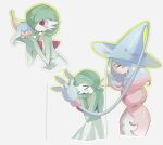  black_sclera bob_cut closed_eyes colored_sclera colored_skin gardevoir green_hair green_skin grey_background hair_over_one_eye hat hatenna hatterene highres multicolored_hair multicolored_skin multiple_views pokemon pokemon_(creature) prehensile_hair red_eyes shuri_0818 simple_background smile two-tone_skin white_skin witch_hat 