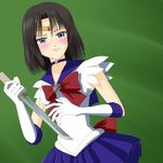  bishoujo_senshi_sailor_moon black_hair blue_eyes bow choker elbow_gloves gloves kara_no_kyoukai knife lowres magical_girl parody pleated_skirt ruihinahato ryougi_shiki sailor_saturn sailor_senshi_uniform short_hair skirt solo tiara type-moon 