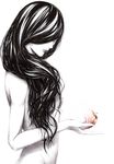  apple black_hair breasts food fruit hair_over_breasts hair_over_eyes holding holding_food holding_fruit lips long_hair medium_breasts monochrome nude original simple_background solo sousou_(sousouworks) spot_color upper_body 