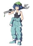  1girl black_gloves blue_eyes blue_hair blue_shoes dirty dirty_clothes dirty_face full_body gloves green_hat hat highres holding holding_wrench inuno_rakugaki jewelry kawashiro_nitori key key_necklace looking_at_viewer necklace oversized_object puffy_pants shoes simple_background smile solo touhou two_side_up white_background wrench 