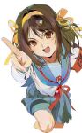  1girl :d blue_sailor_collar blue_skirt bow_hairband brown_eyes brown_hair ed0401 hair_intakes hairband hand_on_own_hip highres index_finger_raised long_sleeves open_mouth pleated_skirt pointing pointing_at_viewer red_ribbon ribbon sailor_collar school_uniform shirt short_hair simple_background sketch skirt smile solo suzumiya_haruhi suzumiya_haruhi_no_yuuutsu white_background white_shirt yellow_hairband 