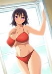  bikini black_hair breasts cleavage dutch_angle kinoko_(mira2525) large_breasts original purple_eyes short_hair solo swimsuit window 