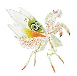  1boy abdomen_tail arthropod_boy arthropod_limbs arthropod_tail artist_name bairizuomeng body_markings carapace centauroid chimera exoskeleton extra_legs from_side full_body green_eyes green_wings highres horns insect_wings male_focus mandibles mantis_boy monster_boy multicolored_eyes multicolored_wings orange_wings original pink_horns praying_mantis simple_background solo standing swirl taur white_background wings yellow_eyes 