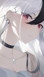  1girl absurdres black_choker black_hair blue_archive blush breasts choker close-up closed_mouth commentary ear_piercing earclip hair_between_eyes highres k_cyp kayoko_(blue_archive) kayoko_(dress)_(blue_archive) korean_commentary long_hair looking_at_viewer multicolored_hair official_alternate_costume piercing red_eyes shoulder_strap solo studded_choker two-tone_hair white_hair 