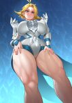  1girl absurdres antenna_hair bare_legs blonde_hair blue_background blue_trim breasts cipher4109 closed_mouth commentary cosplay curvy diamond_(gemstone) dokibird_(vtuber) dokibird_(vtuber)_(bounty_hunter) emma_frost emma_frost_(cosplay) english_commentary fang feather_hair feet_out_of_frame from_below green_eyes hands_on_own_thighs highres indie_virtual_youtuber large_breasts leotard looking_at_viewer marvel marvel_rivals multicolored_leotard parted_bangs raised_eyebrows short_hair skin_fang smile solo standing superhero_costume thick_thighs thighs variant_set virtual_youtuber white_leotard wide_hips x-men 