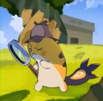  :&lt; blue_sky blush_stickers box cardboard_box chibi cloud creature day detective english_commentary from_side grass grem_(gigi_murin) hat highres holding holding_magnifying_glass hololive looking_down magnifying_glass on_grass one_eye_closed outdoors shoe_box sky striped_fur tail tree two-tone_fur walking yambot yellow_fur 