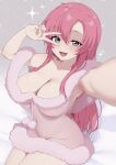  1girl areola_slip armpits blue_eyes blush breasts campbell_xx cleavage covered_navel fingernails gundam gundam_seed gundam_seed_destiny highres large_breasts long_hair looking_at_viewer meer_campbell no_bra no_panties open_mouth outstretched_arm parted_bangs pink_hair pom_pom_(clothes) revealing_clothes see-through_clothes shiny_skin sitting smile solo sparkle v v_over_eye 