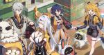  2boys 3girls ahoge animal_ears bangboo_(zenless_zone_zero) belle_(delicate_daylight)_(zenless_zone_zero) black_gloves black_shirt black_shorts chinese_clothes collared_shirt crossed_arms dress dress_over_shirt elbow_gloves eous_(zenless_zone_zero) fingerless_gloves gloves green_eyes grey_hair grey_pants grey_shirt hair_between_eyes hair_ornament high-waist_shorts highres jacket ju_fufu letter_hair_ornament multicolored_fur multiple_boys multiple_girls official_alternate_costume orange_dress orange_fur orange_hair pan_yinhu panda_boy panda_ears pants pantyhose plump round_eyewear shidare_(youh4016) shirt short_hair shorts siblings single_elbow_glove single_hair_intake smile striped_fur striped_hair tail thigh_strap tiger_ears tiger_girl tiger_tail white_fur white_hair white_pantyhose wise_(soaring_crane)_(zenless_zone_zero) yellow_eyes yellow_jacket yi_xuan_(zenless_zone_zero) yin_yang_pin zenless_zone_zero 