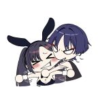  &gt;_&lt; 1boy 1girl alternate_costume animal_ear_hairband animal_ears biting biting_cheek black_bodysuit black_bow black_bowtie black_hair black_hairband black_leotard blank_eyes blunt_bangs blunt_ends blush bodysuit bow bowtie breasts cheek_pull cleavage clenched_teeth closed_eyes contemporary cropped_torso fake_animal_ears furrowed_brow genshin_impact hair_between_eyes hairband hand_on_another&#039;s_neck highres kriszard19 leotard long_hair mona_(genshin_impact) outstretched_arms parted_bangs playboy_bunny purple_hair rabbit_ears scaramouche_(genshin_impact) spread_arms teeth twintails wanderer_(genshin_impact) white_background white_wrist_cuffs wispy_bangs wrist_cuffs 