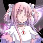  blush choker closed_eyes closed_mouth face hige_shinshi kaname_madoka long_hair lowres mahou_shoujo_madoka_magica pink_hair smile solo space spoilers transparent two_side_up ultimate_madoka upper_body wings 