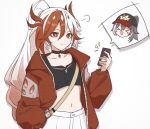  2girls baseball_cap black_choker black_tank_top breasts choker fu_hua fu_hua_(fenghuang_of_vicissitude) grey_hair hat herrscher_of_sentience highres holding holding_phone honkai_(series) honkai_impact_3rd jacket long_hair multicolored_hair multiple_girls navel official_alternate_costume phone red_eyes red_hair red_jacket shorts simple_background small_breasts stomach tank_top torein_(and_rain3) two-tone_hair very_long_hair white_background white_hair white_shorts 