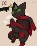 anthro balls biped cartoon_network clothing cute_fangs domestic_cat erection eyebrows fangs felid feline felis fingers foreskin genitals gloves green_sclera handwear heart_symbol hi_res humanoid_genitalia humanoid_penis kyurisawa male mammal mao_mao:_heroes_of_pure_heart penis sheriff_mao_mao_mao simple_background solo speech_bubble teeth tongue