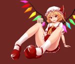  arm_support ascot bad_id bad_pixiv_id bare_legs blonde_hair breasts collarbone colorized fangs flandre_scarlet foreshortening full_body hat legs mary_janes mx2j_(nsh6394) panties pantyshot pantyshot_(sitting) pointy_ears red_background red_eyes shoes short_hair side_ponytail simple_background sitting skirt skull small_breasts smirk socks solo touhou tsurime underwear upskirt vest white_legwear white_panties wings wrist_cuffs 