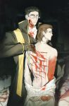  2boys beard_stubble black_gloves black_hair bleeding blood blood_on_arm blood_on_back blood_on_body blood_on_clothes blood_on_face blood_on_ground blood_on_hands brown_hair cross cross_necklace cuts dark_background dieci_association_south_uniform facial_hair from_behind glass gloves gregor_(project_moon) hair_slicked_back high_collar highres injury jewelry jing84672940 la_manchaland_(identity)_(project_moon) limbus_company long_sleeves male_focus meursault_(project_moon) multiple_boys necklace project_moon red-tinted_eyewear red_eyes scarf serious shirt striped_clothes striped_shirt stubble tile_floor tiles tinted_eyewear undressing yellow_eyes yellow_scarf 