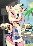 absurd_res amy_rose anthro apron clothed clothing dessert digital_media_(artwork) eulipotyphlan female food food_fetish food_play furniture gloves green_eyes handwear hedgehog hi_res light lighting looking_at_viewer mammal messy pastry pie pink_body sebaku sega simple_background smile solo solo_focus sonic_the_hedgehog_(series) swimwear table teeth wam