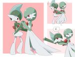  ariumu bob_cut colored_skin dress gallade gardevoir green_hair green_skin hair_over_one_eye multicolored_skin multiple_views pink_eyes pokemon pokemon_(creature) smile sweatdrop two-tone_skin white_dress white_skin 