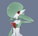  ariumu bob_cut colored_skin dress gardevoir green_hair green_skin grey_background hair_over_one_eye multicolored_skin pink_eyes pokemon pokemon_(creature) signature simple_background teeth two-tone_skin white_dress white_skin 