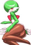  1girl black_pantyhose blush bob_cut colored_skin gardevoir green_hair green_skin hair_over_one_eye highres looking_at_viewer lying multicolored_skin on_side pantyhose pero_(pero7762) pokemon pokemon_(creature) red_eyes simple_background two-tone_skin white_background white_skin 