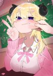  ahoge blonde_hair breasts chalkboard cheek_pull classroom clock desk hair_ornament heart highres hololive horns indie_virtual_youtuber jacket large_breasts pink_jacket pink_nails purple_eyes school_desk sheep_horns shigure_ui_(vtuber) shirt solo_focus tsunomaki_watame tsunomaki_watame_(school_uniform) unbuttoned v watamate white_shirt x_hair_ornament yuuppi 